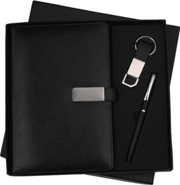 Executive Black Gift Set – Leather Diary, Pen & Keychain