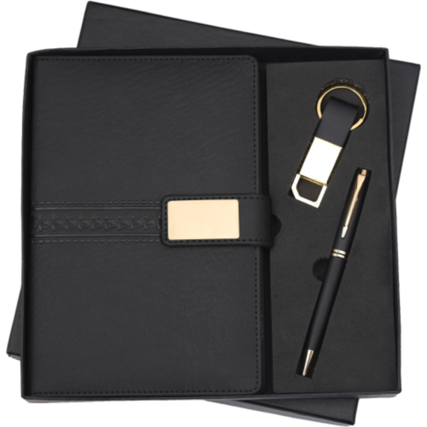 Executive Gift Set – PU Leather Diary, Pen & Keychain with Gold Accents - Image 3