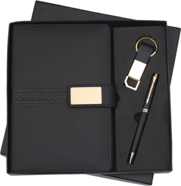 Executive Gift Set – PU Leather Diary, Pen & Keychain with Gold Accents