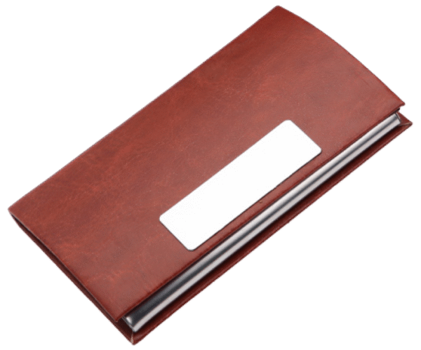 Brown PU Leather Business Card Holder with Metal Strip – Executive Style for Professionals