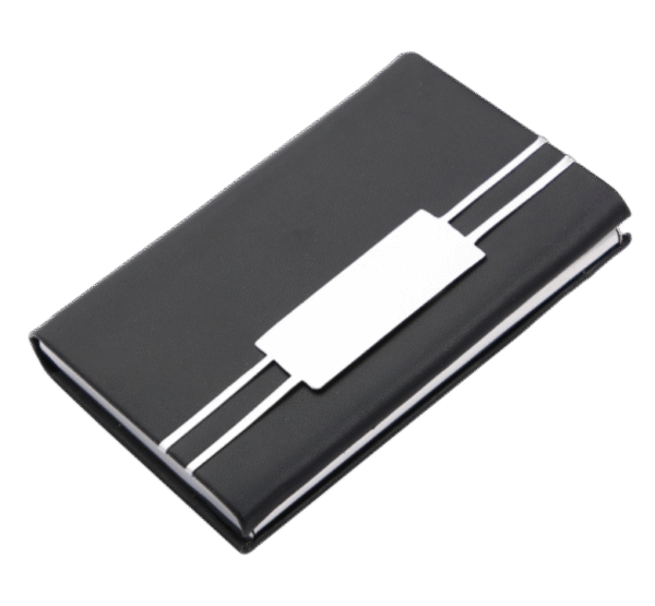 Black PU Leather Business Card Holder with Dual Silver Stripes – Stylish & Professional Design
