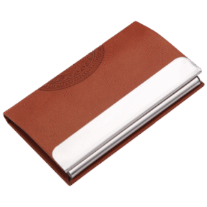 Elegant Brown PU Leather & Steel Business Card Holder – Embossed Design