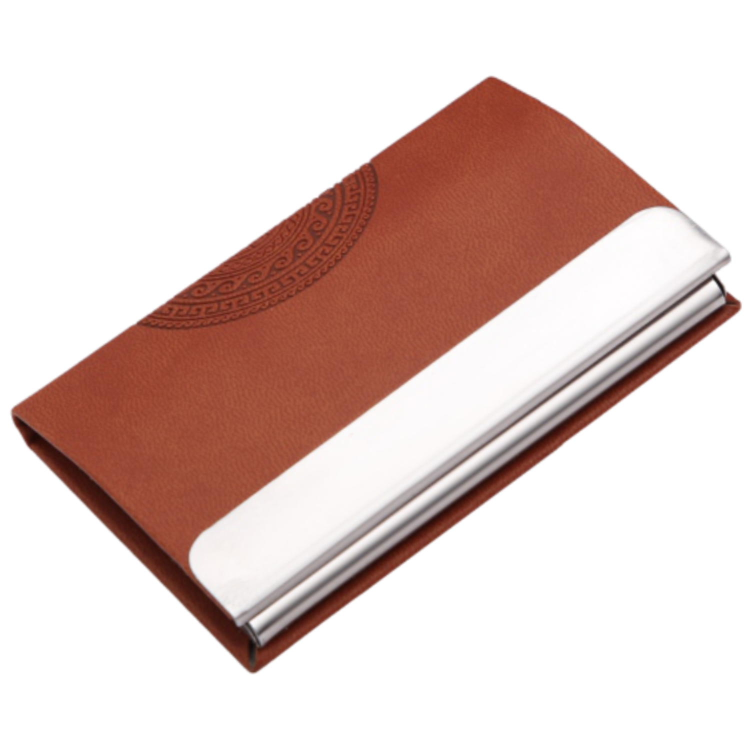Elegant Brown PU Leather & Steel Business Card Holder – Embossed Design