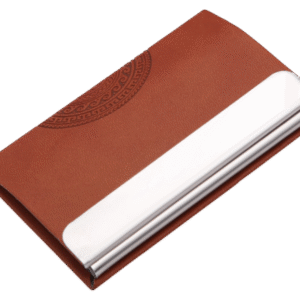 Elegant Brown PU Leather & Steel Business Card Holder – Embossed Design