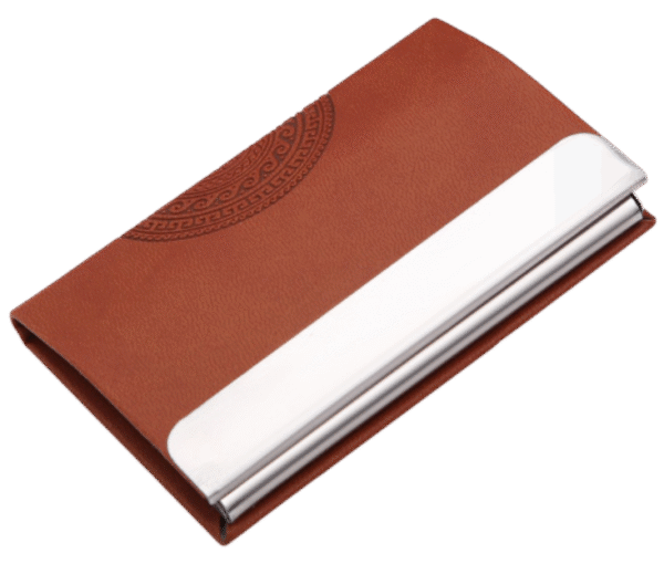 Elegant Brown PU Leather & Steel Business Card Holder – Embossed Design