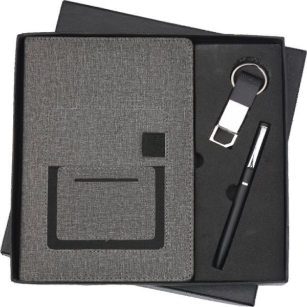 Elegant Grey Fabric Gift Set – Premium Diary, Pen & Keychain
