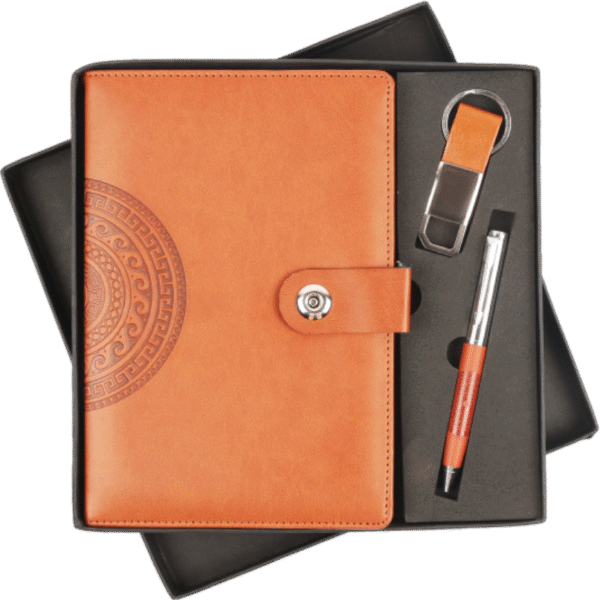 Mandala Charm Premium Gift Set – Tan Diary, Pen & Keychain