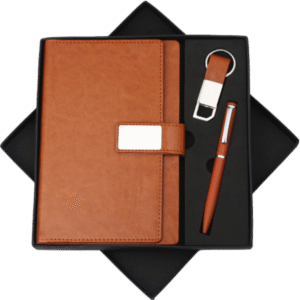 Premium Gift Set – Leather Diary with Chrome Finish Pen & Keychain