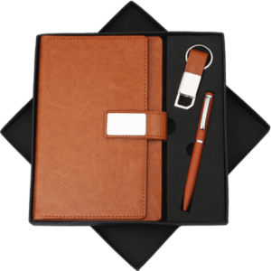 Premium Gift Set – Leather Diary with Chrome Finish Pen & Keychain