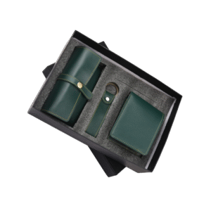 Elegant Green Leather Gift Set with Wallet, Pouch, and Keychain