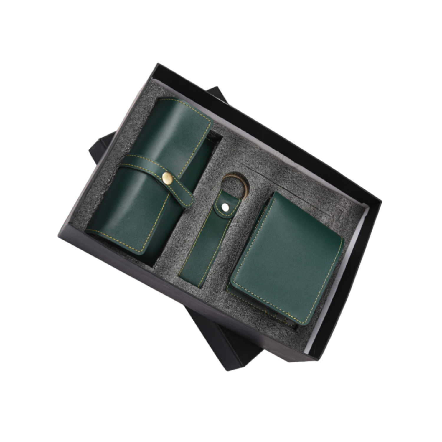 Elegant Green Leather Gift Set with Wallet, Pouch, and Keychain